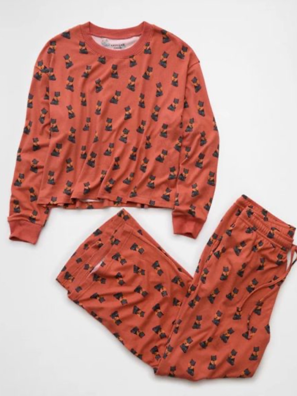 NWT AE The Halloween Shop Luxe Orange with Black Cats Pajama Set